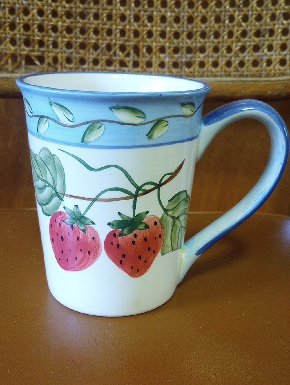 Large Sonoma Strawberry Ceramic Mug. Cream Red Green Blue